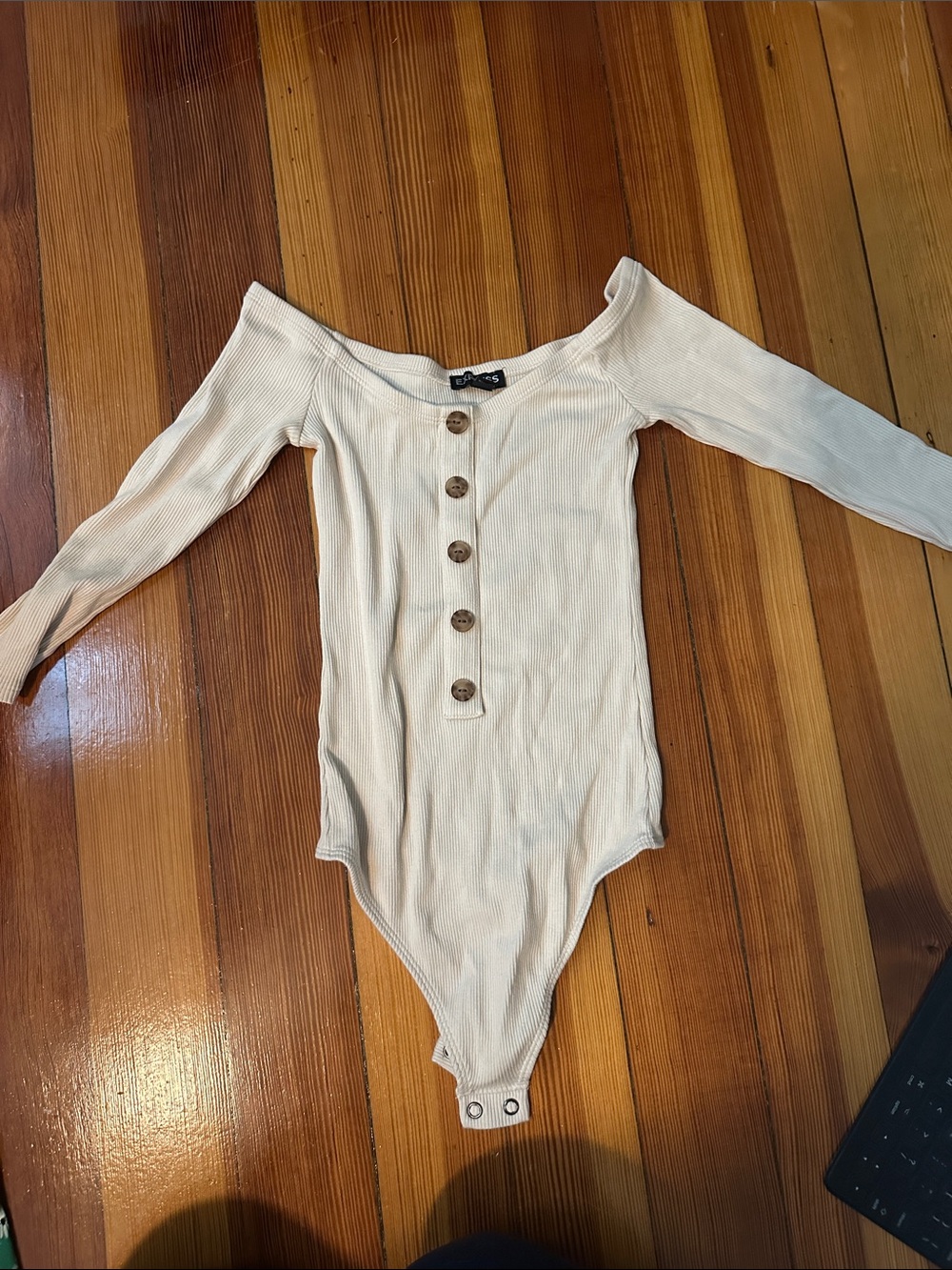 Womens Off-Shoulder Ribbed Button One-Piece Bodysuit - Cream